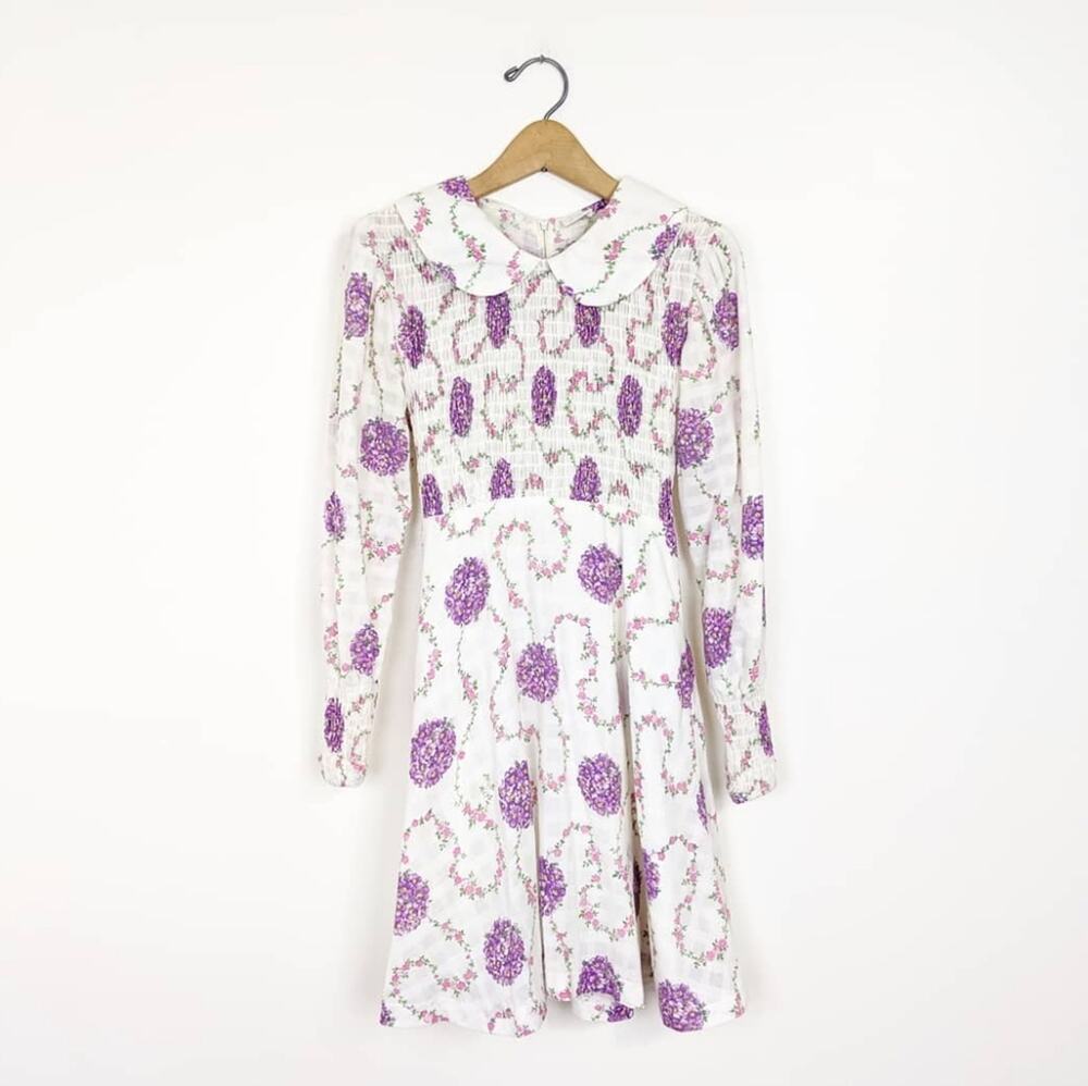 Vintage Dress Teen Women's Size 7 XS Purple Floral Smocked